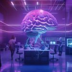 A hypermodern AI command center representing business operations optimization, seen in dramatic perspective with cinematic depth of field.